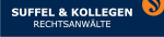 Blaues Schild mit weißem Text: "Suffel & Kollegen, Rechtsanwälte", rechts ist ein orangenes Symbol.