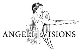 Logo avec un ange dessinant sa morphologie en demi-squelette. Texte: "ANGEL VISIONS".