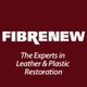 "Fibrenew logo with tagline: Experts in Leather & Plastic Restoration, on a maroon background."