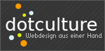 Logo mit Schriftzug "dotculture" und Slogan "Webdesign aus einer Hand", bunte Punkte im Hintergrund.