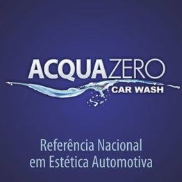 Logotipo "Acquazero Car Wash" com água, fundo azul. Texto: "Referência Nacional em Estética Automotiva".