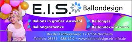 Eine Frau mit bunten Ballons und der Text "E.I.S. Balldesign" auf einem Werbebanner.