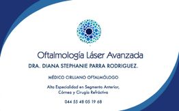 Tarjeta con detalles de una clínica de oftalmología láser avanzada y contacto telefónico.
