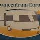 Afbeelding van Caravancentrum Europa met een camper en sterren op een blauwe achtergrond.