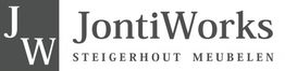 Logo van JontiWorks met initialen JW en tekst "Steigerhout Meubelen" op een witte achtergrond.