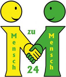 Zwei stilisierte Menschen in Gelb und Grün, die sich die Hände schütteln. Text: "Mensch zu Mensch 24".