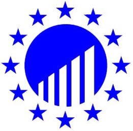 Blaues Logo mit steigenden Balken, umgeben von zwölf Sternen in einem Kreis.
