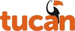 Logo con la palabra "tucan" en naranja y un tucán estilizado en negro y naranja.