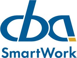 Logo mit blauem "cba" und "SmartWork" darunter, teilweise goldene Akzente.