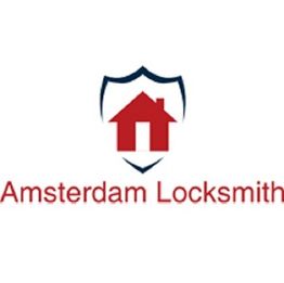 Logo with a red house in a blue shield, text reads "Amsterdam Locksmith."