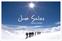 Gruppe auf verschneitem Berg unter Sonne, Schriftzug "Just Sales - Stärken stärken" am Himmel.