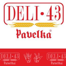 Imagem com logotipo "DELI•43 Pavelka" e desenhos de mãos sobre fundo vermelho e branco.