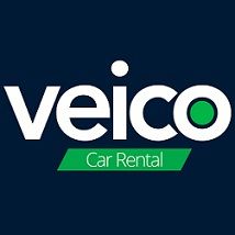 Logotipo de Veico Car Rental en fondo azul oscuro con letras blancas y un punto verde.