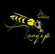 Logo jaune et noir d'une abeille avec masque à gaz et texte "Les ateliers Laager".