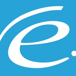 Blaues Logo mit stilisiertem weißen "e" und Punkt.