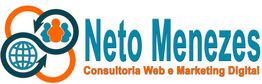 Logotipo "Neto Menezes", Consultoria Web e Marketing Digital, com ícones de globo e pessoas.