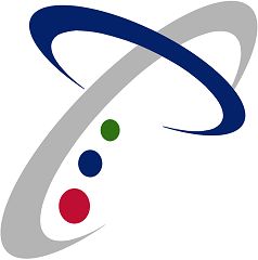 Abstract logo with blue, gray arcs and red, blue, green dots in a circular design.