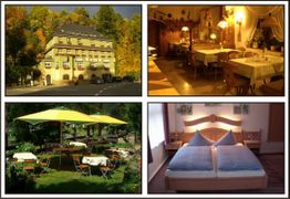 Außenansicht eines Gebäudes, Restaurant, Gartenbereich mit Sonnenschirmen, Zimmer mit Doppelbett.
