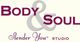 Logo mit Text „Body & Soul, Slender You Studio“ in verschiedenen Schriftarten und Farben.