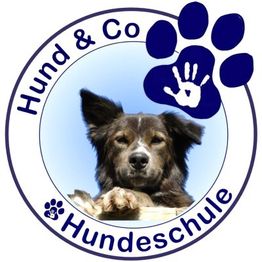 Hund mit Pfotenabdruck und Handabdruck, umgeben von Text: "Hund & Co Hundeschule".