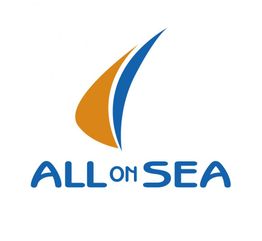 Logo mit Segel-Design in Orange und Blau, darunter der Schriftzug "All on Sea" in Blau.