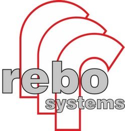 Logo con scritta "rebo systems" sovrapposta a tre archi rossi stilizzati.