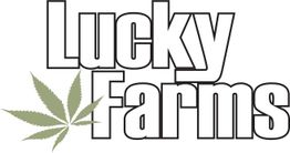 Text "Lucky Farms" with a green cannabis leaf graphic beside it.