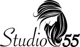 Silhouette of a woman's head with long hair alongside the text "Studio 55."
