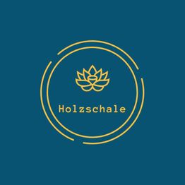 Blaues Logo mit gelber Lotusgrafik und dem Text "Holzschale" in der Mitte, umrahmt von Kreisen.