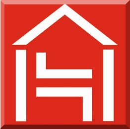 Rotes Quadrat mit weißem Haus und abstrakten Buchstaben darin.