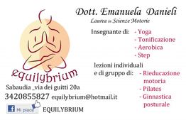 Biglietto da visita di Equilybrium con corsi di yoga, tonificazione, aerobica e altro.