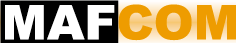 Logo mit dem Text "MAF" in Schwarz auf Weiß und "COM" in Orange auf Weiß.