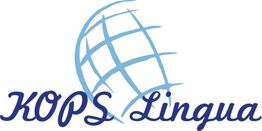 Logo mit stilisiertem Globus in Blau und Schriftzug "KOPS Lingua".