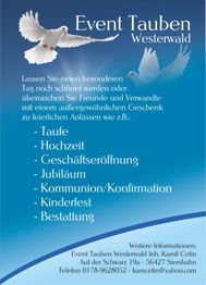 Zwei Tauben oben, darunter blauer Text: Event Tauben Westerwald und Veranstaltungsinfos.