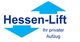 Logo von Hessen-Lift mit blauen Pfeilen, Text: "Ihr privater Aufzug".