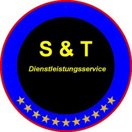 Abzeichen mit der Aufschrift "S & T Dienstleistungsservice" auf blauem Hintergrund mit gelben Sternen.