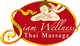 Logo von "Siam Wellness Thai Massage" mit entspannter, liegender Person auf rotem Hintergrund.