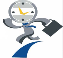 Cartoon clock-headed figure in a suit running with a briefcase on a blue path.