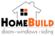 Logo of "HomeBuild" with a house outline, offering doors, windows, and siding services.