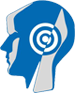 Blau-weißer Kopf mit Zielscheibe im Ohr, dargestellt in einem stilisierten Design.