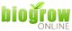 Texto del logo "biogrow online" con hojas verdes sobre la letra "i".