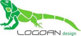 Grünes Leguan-Logo mit dem Text "LOGOAN design".