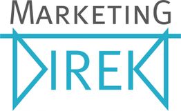 Logo mit den Wörtern "Marketing Direk", geschwungene blaue Linien formen das Wort Direk.