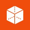 A white cube icon with dotted lines on an orange background.