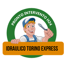 Idraulico sorridente con chiave inglese, testo "Pronto intervento H24, Idraulico Torino Express".