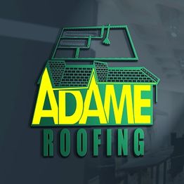 Adame Roofing logo with stylized house and roof graphic.