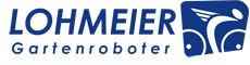 Logo von Lohmeier Gartenroboter in Blau mit stilisiertem Roboter auf der rechten Seite.