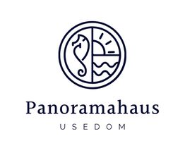 Seepferdchen und Sonnenaufgang in rundem Logo über dem Text "Panoramahaus Usedom".