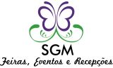 Logotipo "SGM Feiras, Eventos e Recepções" com uma borboleta estilizada em roxo e verde.