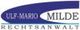 Logo mit blauem Bogen, Text: "Ulf-Mario Milde, Rechtsanwalt".